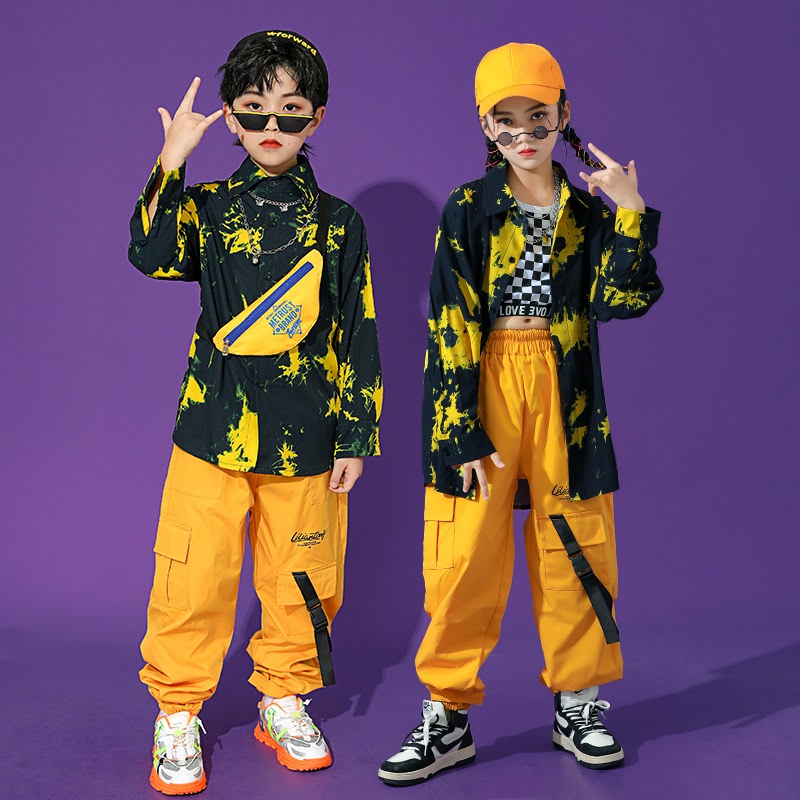 Boys Girls yellow printed jazz dance costumes rapper singer street hip hop dance suit for children catwalk street boy girl gogo dancer modern dance costumes for Kids