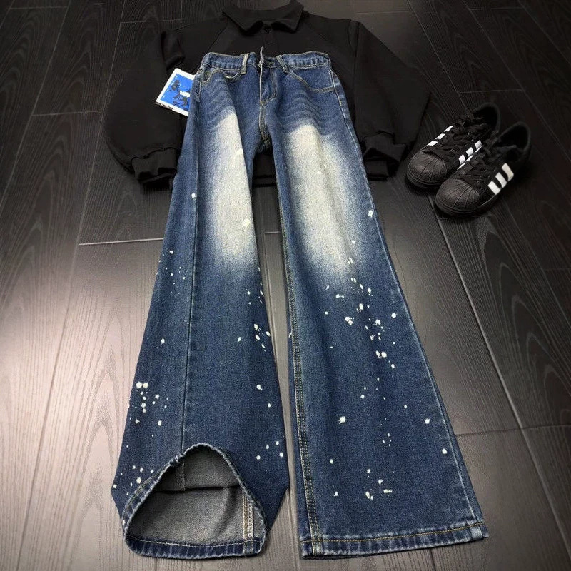 Men's Black Washed Denim Jeans Clean Fit Straight Leg Paint Splatter Print Vintage High Street Vibe Versatile Styling Base_voghion.com
