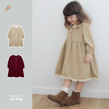 北欧风女宝宝长袖娃娃领连衣裙2025秋冬新款花边灯芯绒保暖裙子童