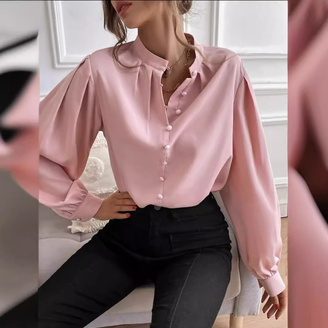 En stock transfronteriza europea y americana 2023 Amazon camisa de las mujeres populares semi-abierto cuello de color sólido suelta de manga larga elegante image 4