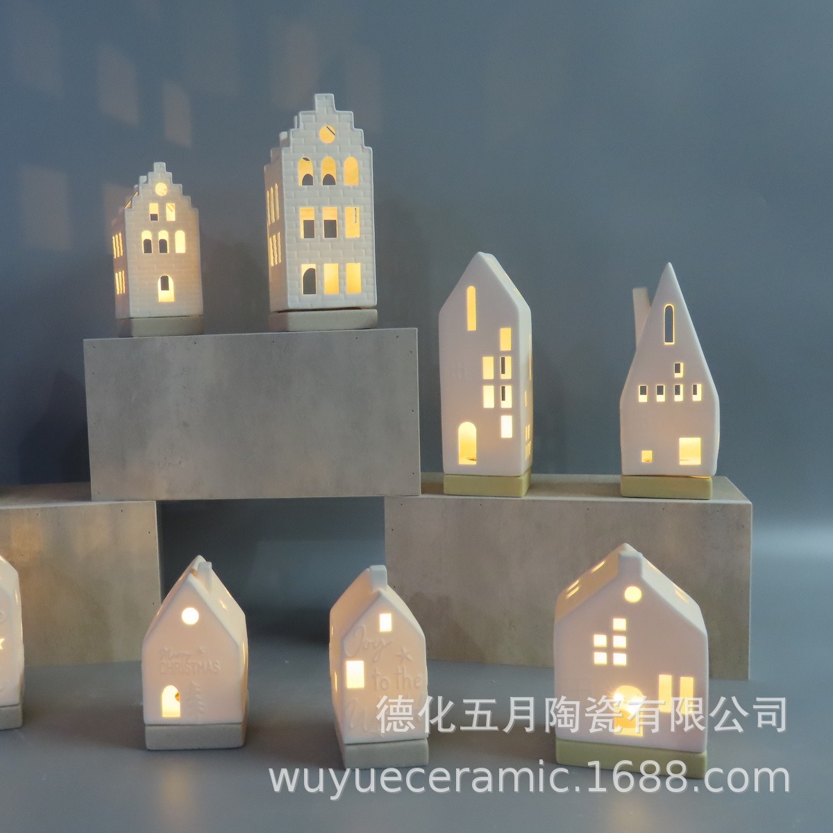 外贸圣诞房子陶瓷摆件镂空透光工艺品中温家居氛围圣诞陶瓷摆件
