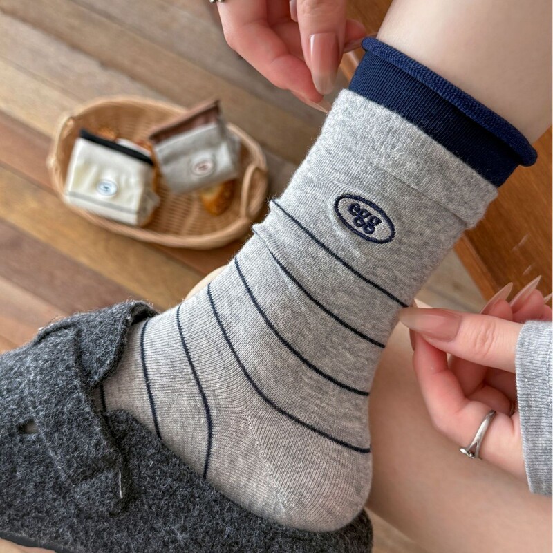 Korean Style Egg Embroidery Socks Spring and Autumn Striped Simple Color-Blocking Mid-Calf Socks Student Sports Double Cuff Slouch Socks