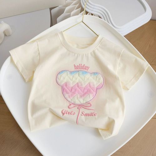 Children's Cartoon Pure Cotton Short Sleeve 2024 Summer New 3D Teddy Bear Girl Cute Sweet T-Shirt Wholesale