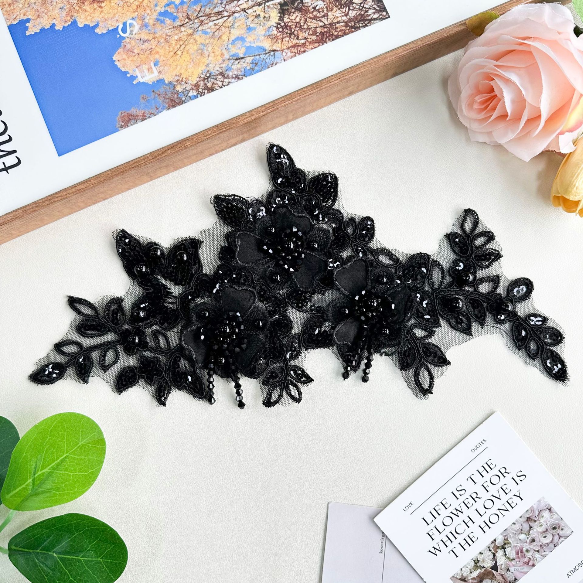 Cuentas tridimensionales bordadas de encaje hoja de flor de rama negra diseño DIY ropa zapatos sombreros bolsos turbanos camisa accesorios de decoración image 2