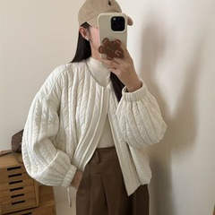 韩系感圆领轻薄外套女春秋2025新款宽松休闲保暖短款夹棉外套
