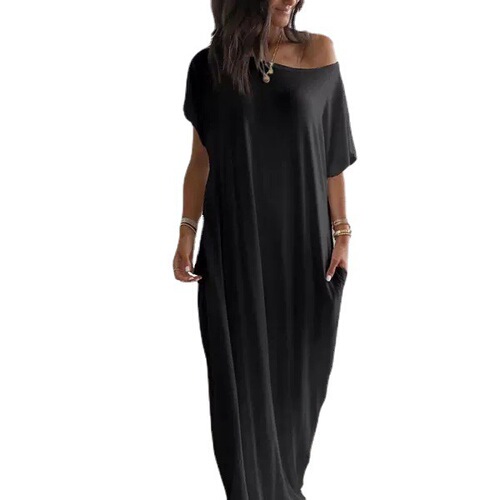 Euramerican Summer Women's Solid Color Short-Sleeve Long Casual Dress