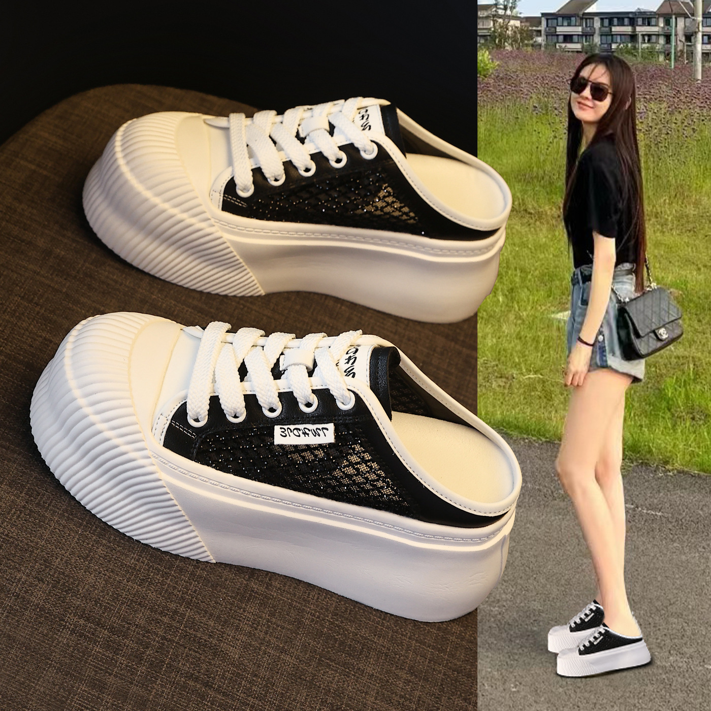 Dép sandal nữ đế dày tăng chiều cao, mũi kín pha lê, lưới thoáng khí — màu đen, màu trắng