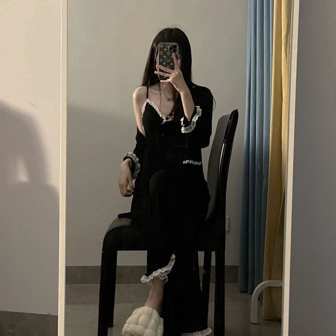 French-Style Camisole Pajamas for Women, Spring and Autumn Trendy Sweet Cardigan Long Pants Loungewear Three-Piece Set