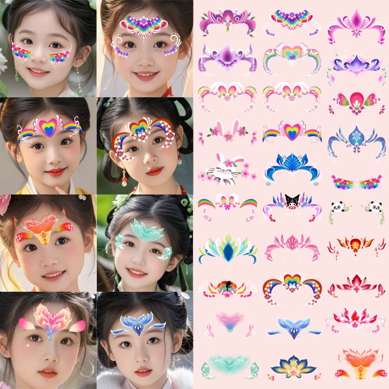 Детский макияж на лоб с бабочкой, милые расписные татуировки, наклейки с бабочками, лицо принцессы, бабочка, цвет кролика