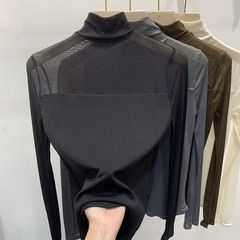纯欲风半高领网纱拼接长袖T恤女秋季设计感独特别致显瘦内搭上衣