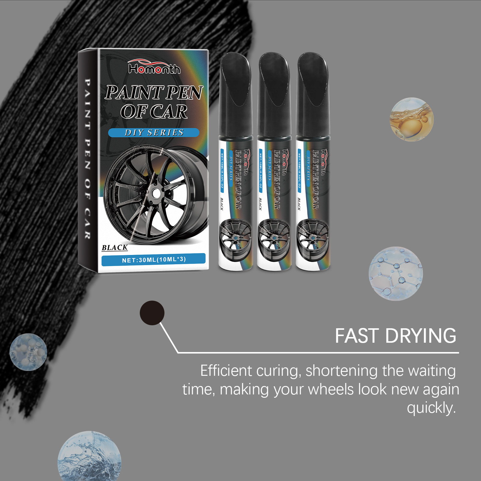 Cross-Border Homonth Black Car Wheel Scratch Repair Pen Paint Scratch Removal and Repair Touch-Up Pen