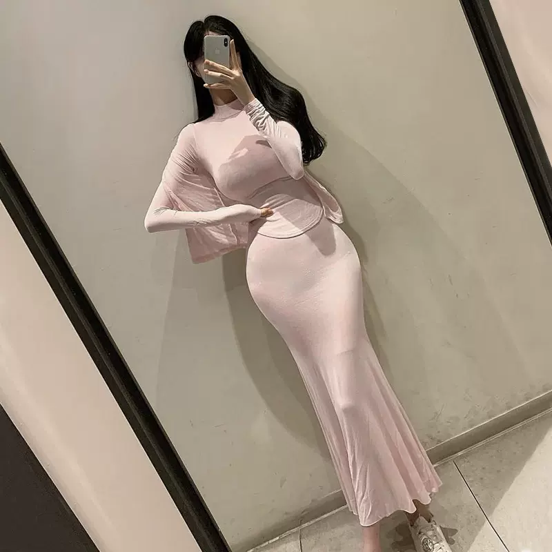 韩国东大门显瘦性感时尚三件套女紧身半高领短袖T恤+开衫+半身裙