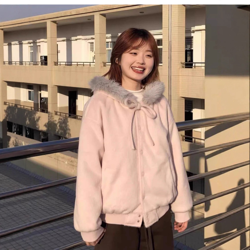 韩系学院粉粉色棒球服女秋冬季连帽毛毛夹棉妮子清新甜美外套上衣|undefined