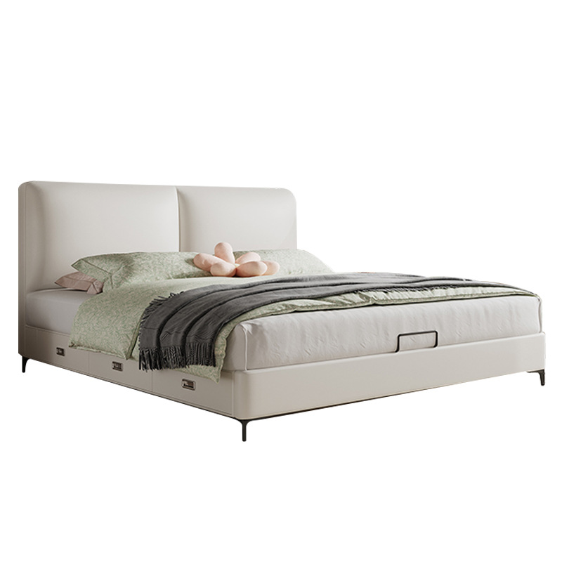 Cama con almacenamiento color crema, cama doble, 1.8 metros, dormitorio principal, estilo nórdico, cama con presión de aire, apartamento pequeño, cama con panel de almacenamiento con presión de aire. image 6