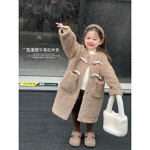 2023秋冬新款女童中长款大衣韩版牛角扣儿童毛茸茸风衣外套洋气