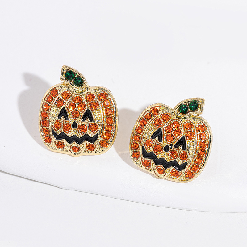 ハロウィンオイルドロップイヤリング卸売 欧米越境アクセサリー リトルモンスター ダイヤモンド付きパンプキンイヤリング 魔女マスクイヤリング|undefined
