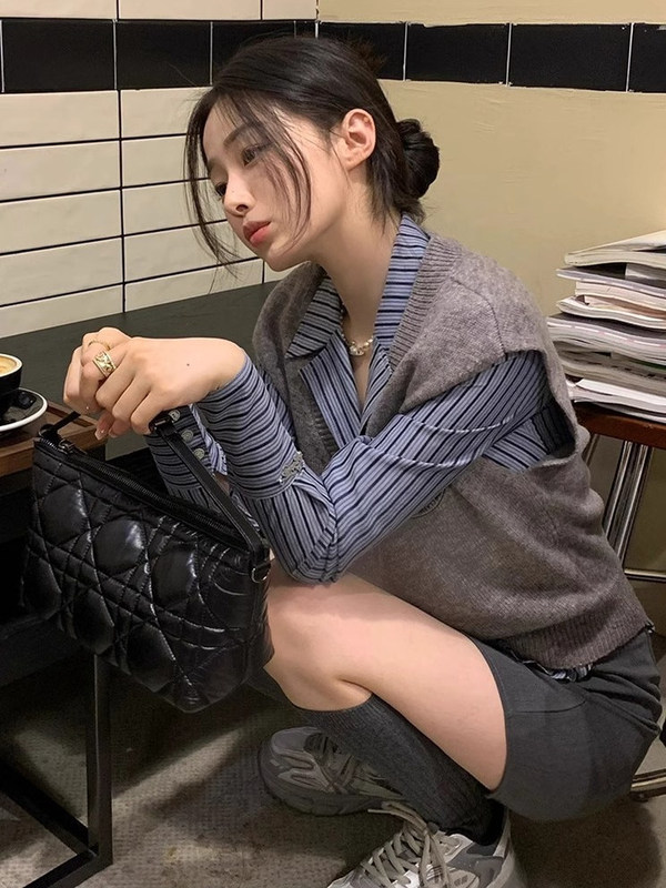 【三件套装】2025秋季学院风长袖条纹衬衫女针织马甲女背心包臀裙|undefined