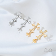 铜镀14K包真金十字架带吊环羊眼珠托耳钉diy个性气质耳环耳饰配件