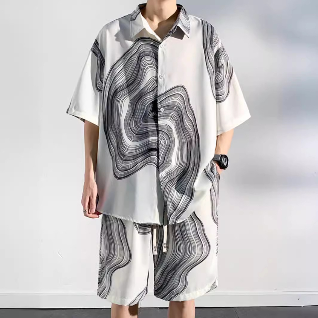 아이스 실크 비치 셔츠 반바지 남자 여름 세트 2024 새로운 여름 느슨한 대형 남성 캐주얼 남성