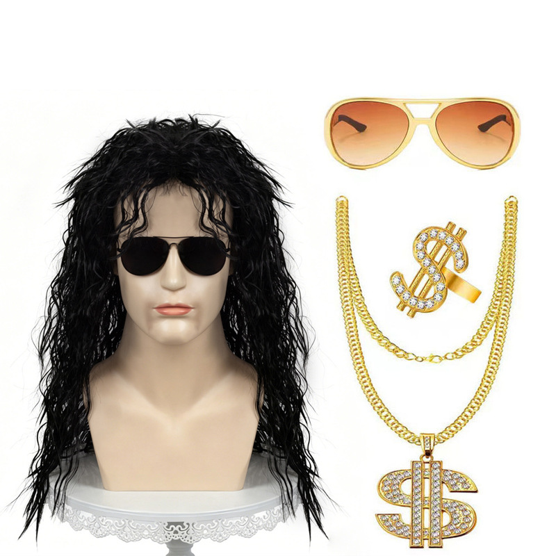 Amazon Halloween 80S Punk Black Wavy Wig European and American Men's Curly Hair Hippie Rock Long Curly Hair