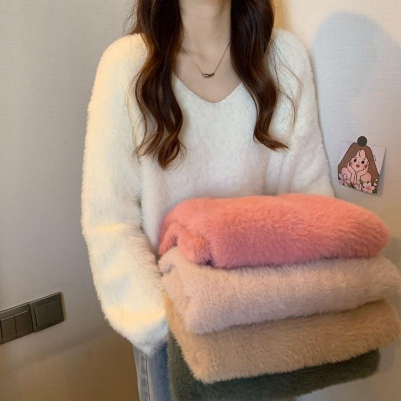 冬季新款女装温柔风气质针织毛衣女软糯风V领慵懒上衣宽松水貂毛|undefined
