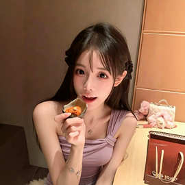 TZ7844甜辣妹紫色设计感单肩无袖背心女夏季韩系纯欲修身短款上衣