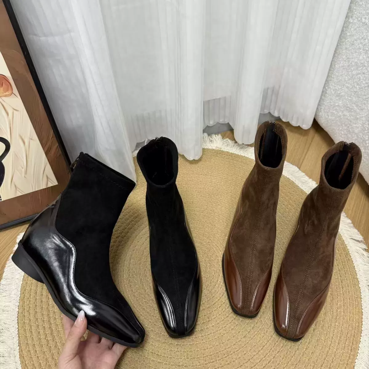 内增高6cm~小方头瘦瘦靴细跟秋冬新款中跟裸靴后拉链时尚短靴女