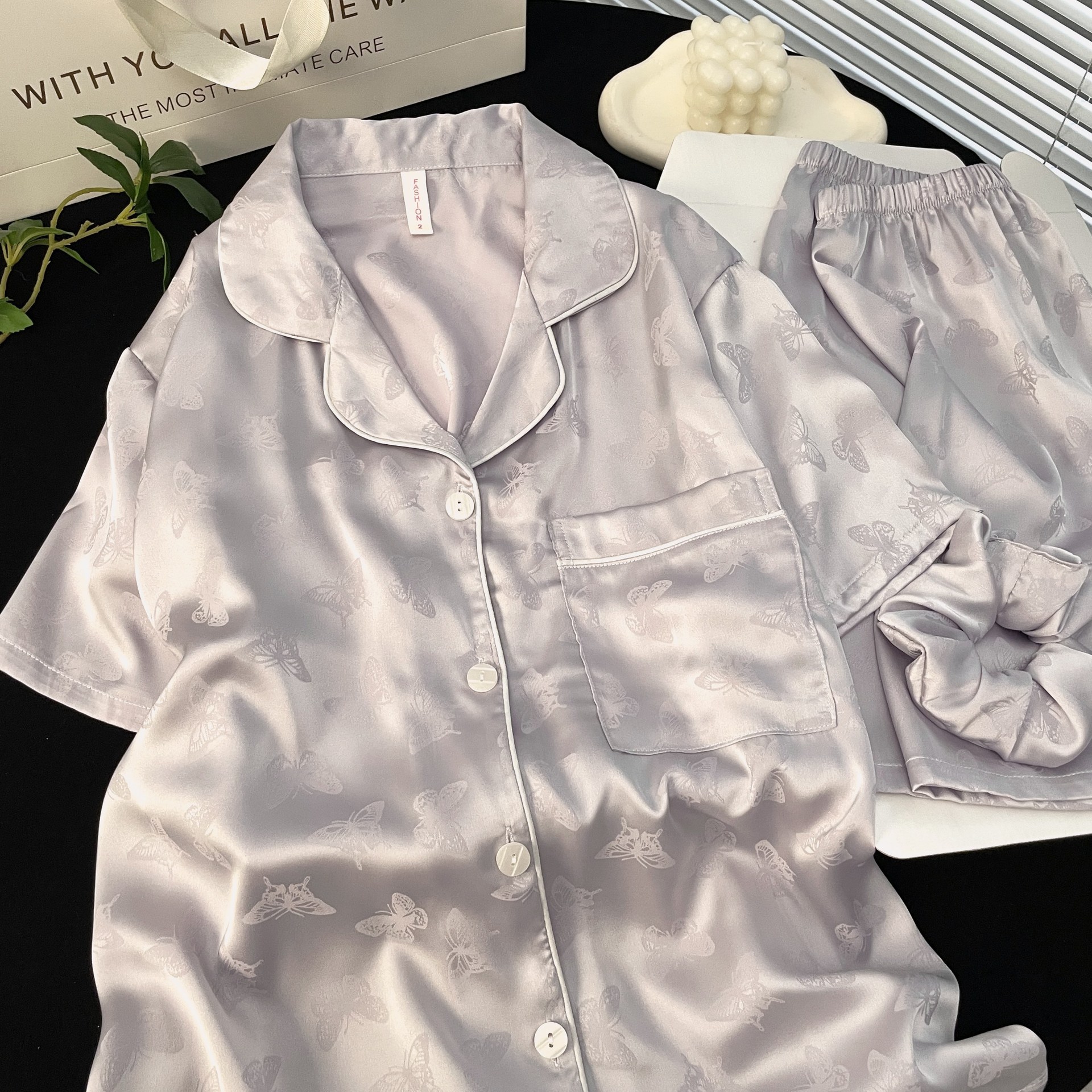 여성용 프렌치 아이스 실크 잠옷, 3피스 얇은 반팔 반바지 세트, 터번 포함, 여름 고급 홈웨어