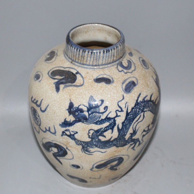 Tarde Qingming azul y blanco pintado a mano Shuanglong opera Pearl Porcelain can antigüedades antiguas para hacer colecciones de adornos chinos antiguos y antiguos image 4
