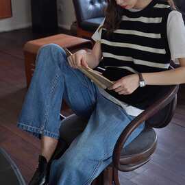 DAILY CLOSET早秋叠穿苾入单品 韩系条纹针织马甲套头马夹女4029