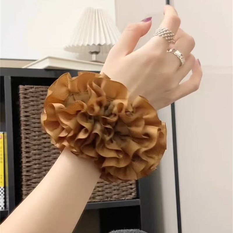 复古学院风咖色格纹褶皱花苞发圈韩式发绳发饰丸子头低马尾气质感|undefined