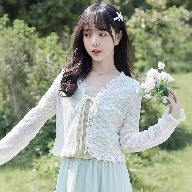Autumn New Korean Style Gentle Fairy-Style Knit Sweater with Lace Trim and Tie, Versatile Sun Protection Top for Women Autumn New Korean Style Gentle Fairy-Style Knit Sweater with Lace Trim and Tie, Versatile Sun Protection Top for Women