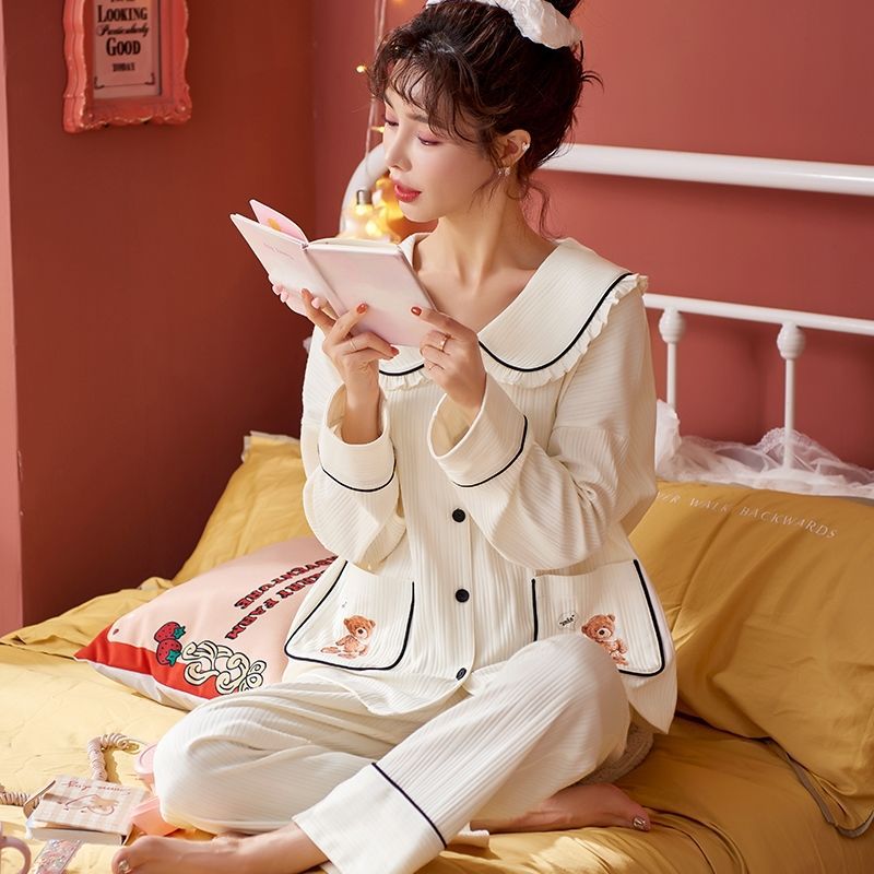 Pijamas para mujeres Primavera y otoño nuevo traje % algodón solapa de manga larga ropa al aire libre para estudiantes Otoño e Invierno ropa para el hogar
