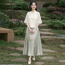 2026夏季新款女装刺绣七分袖立领复古文艺衬衫上衣