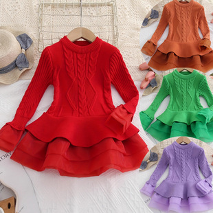 (Cross-border trading), autumn knitted long-sleeve, woolen dress, European style, children's clothing, princess style