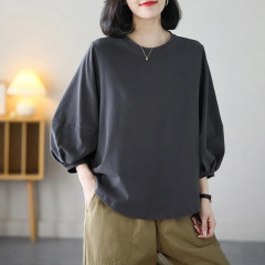 春夏の新スタイル多用途文学レトロランタンスリーブTシャツ、ファッショナブルな年齢軽減カジュアル七分袖トップス、レディース