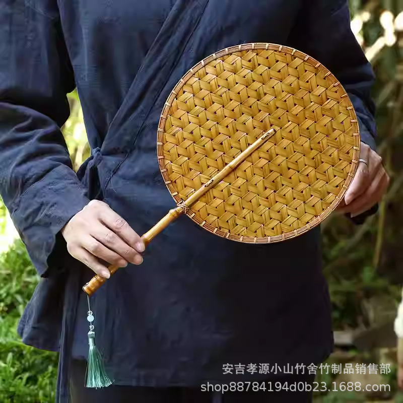 中国風手作り竹編み大漆扇風機両面扇風機レトロ家庭用夏納涼青焼き芭蕉扇風機長柄団扇|undefined