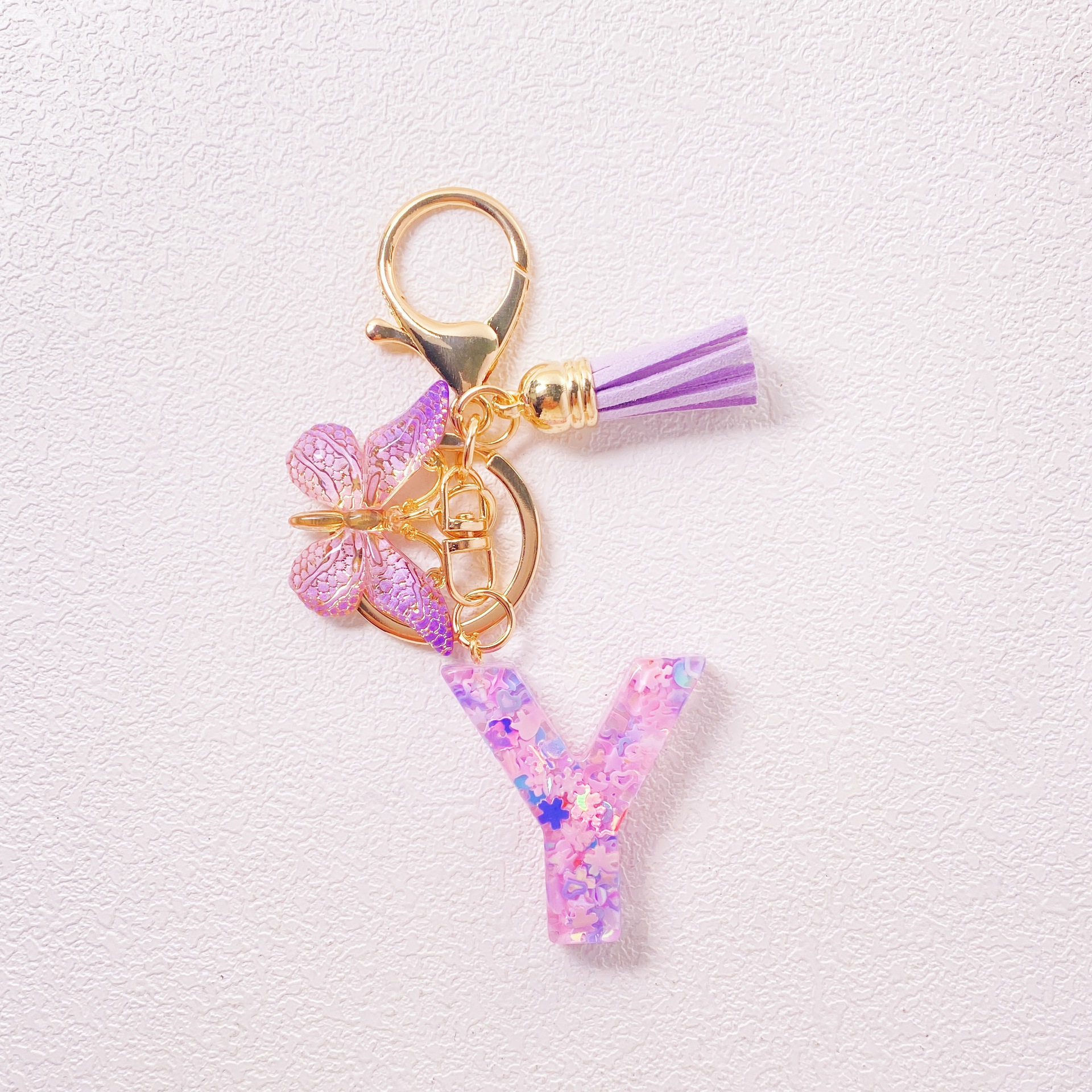 20g Weight Sequins Inlay Material Keychain Classification Daily Occasion Epoxy Material Letter, Butterfly Pattern Women's Gender Sweet Style Purple Color Letter Butterfly Keychain Epoxy Sequins Women's Sweet Keychain 26