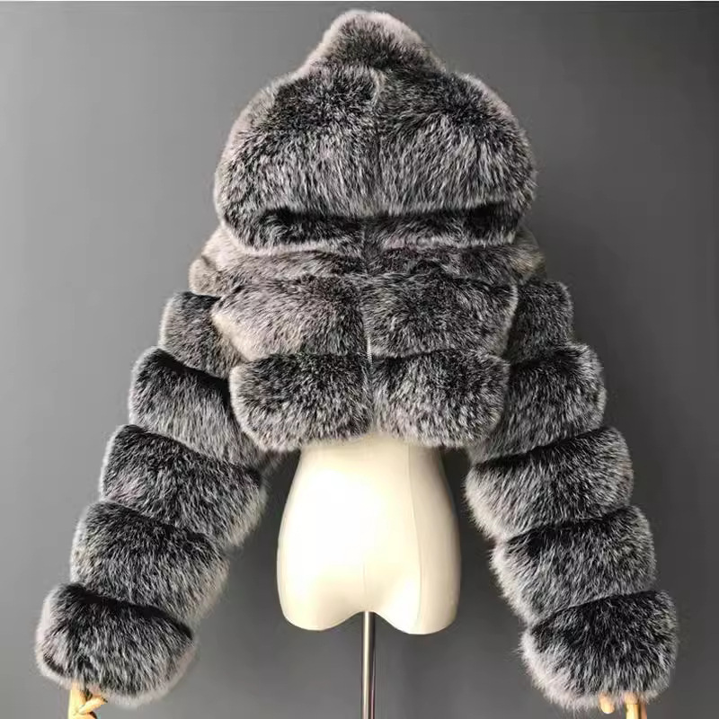 2024 European and American Fur Coat Short Hooded Imitation Fur Coat Imitation Fox Hair Long Sleeve Stitching Women's Coat