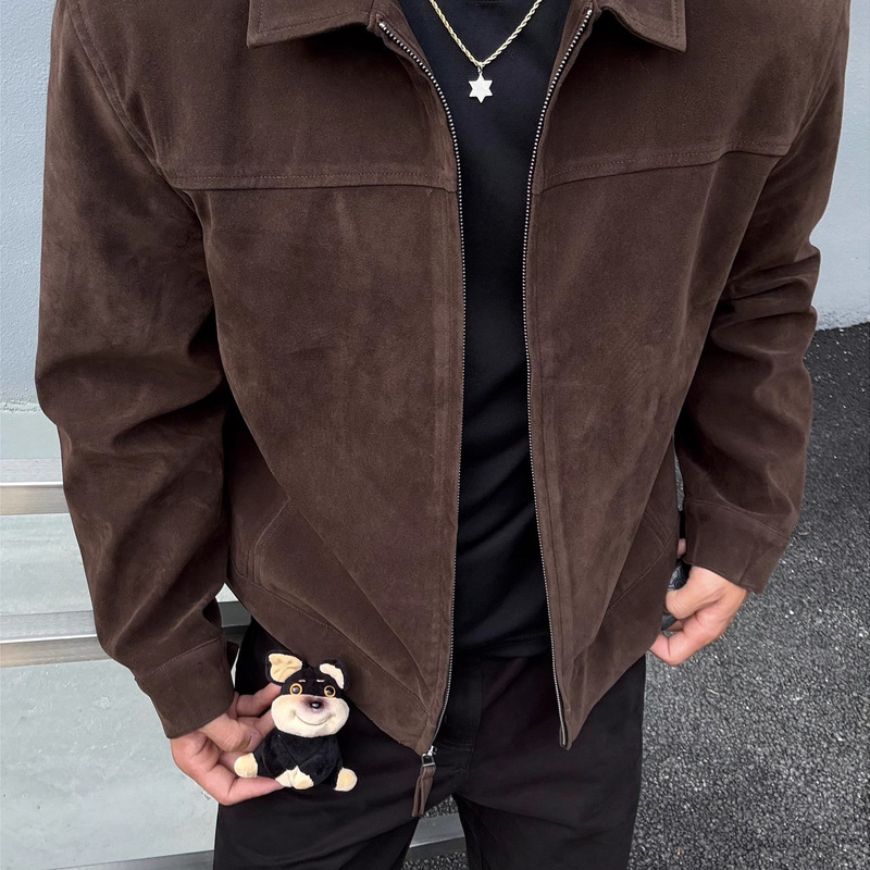 American Imitation Suede Jacket Frosted High-End British Velvet Fabric Top Lapel Pure Color Retro Autumn and Winter Jacket