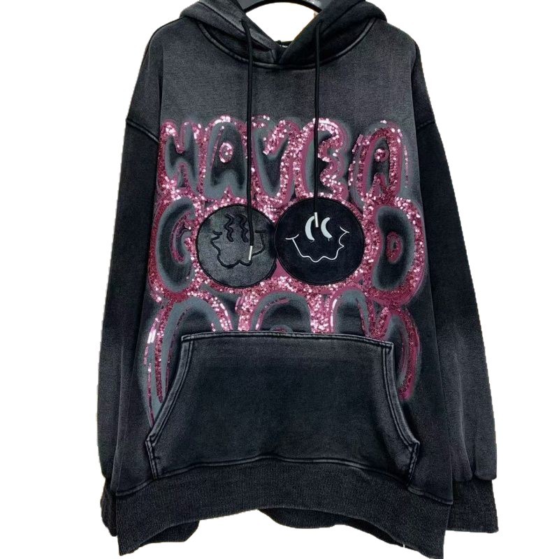 300 jin invierno nuevo lavado de agua bordado sequinilla sonriente más camisa encapuchada retro camisa de manga larga mujer
