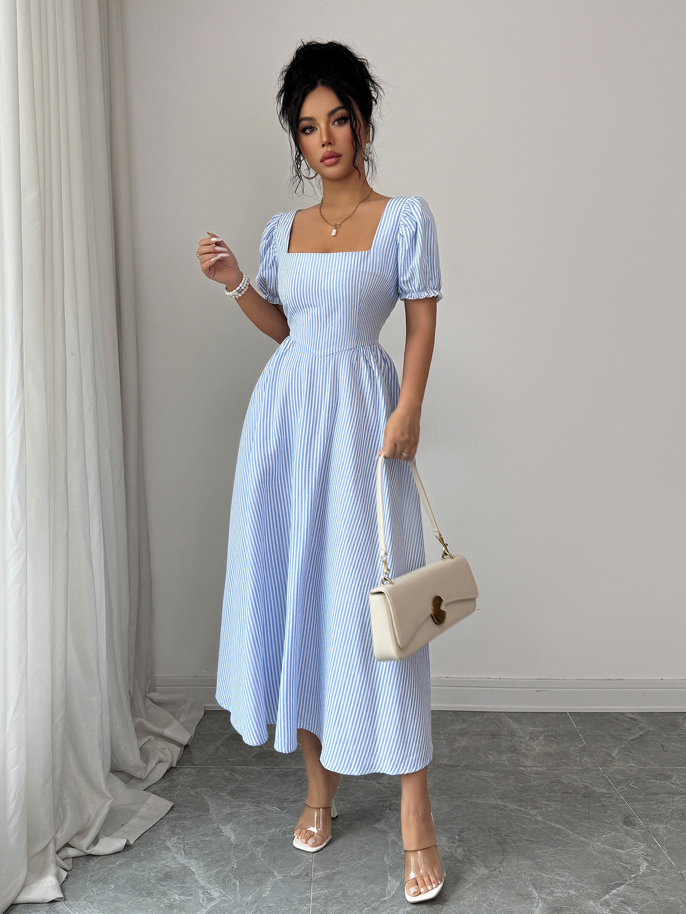 Elegant Blue White Striped Dress Puff Sleeves Women's Spring Summer_ecoleips.com