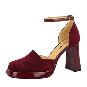 7729-K103 Korean Summer Edition Hollow One Button High Heel Sandals Coarse Heel Square Head Suede Waterproof Platform Hi
