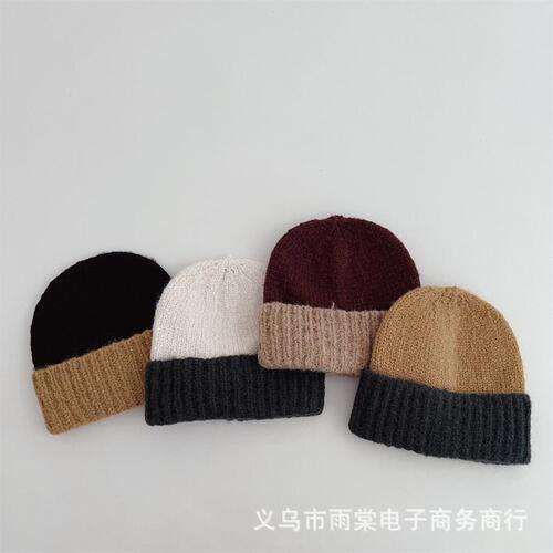 Korean children's knitted hat, personalized color-blocked brimless beanie for autumn and winter, unisex for kids and babies, travel warm knitted hat