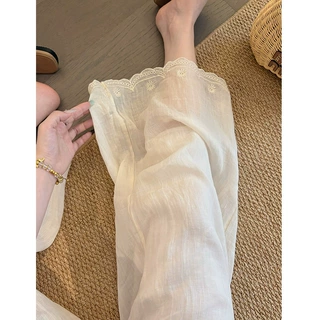 胖妹妹200斤大码老钱风洋气刺绣花边轻薄阔腿裤女夏季高腰休闲裤
