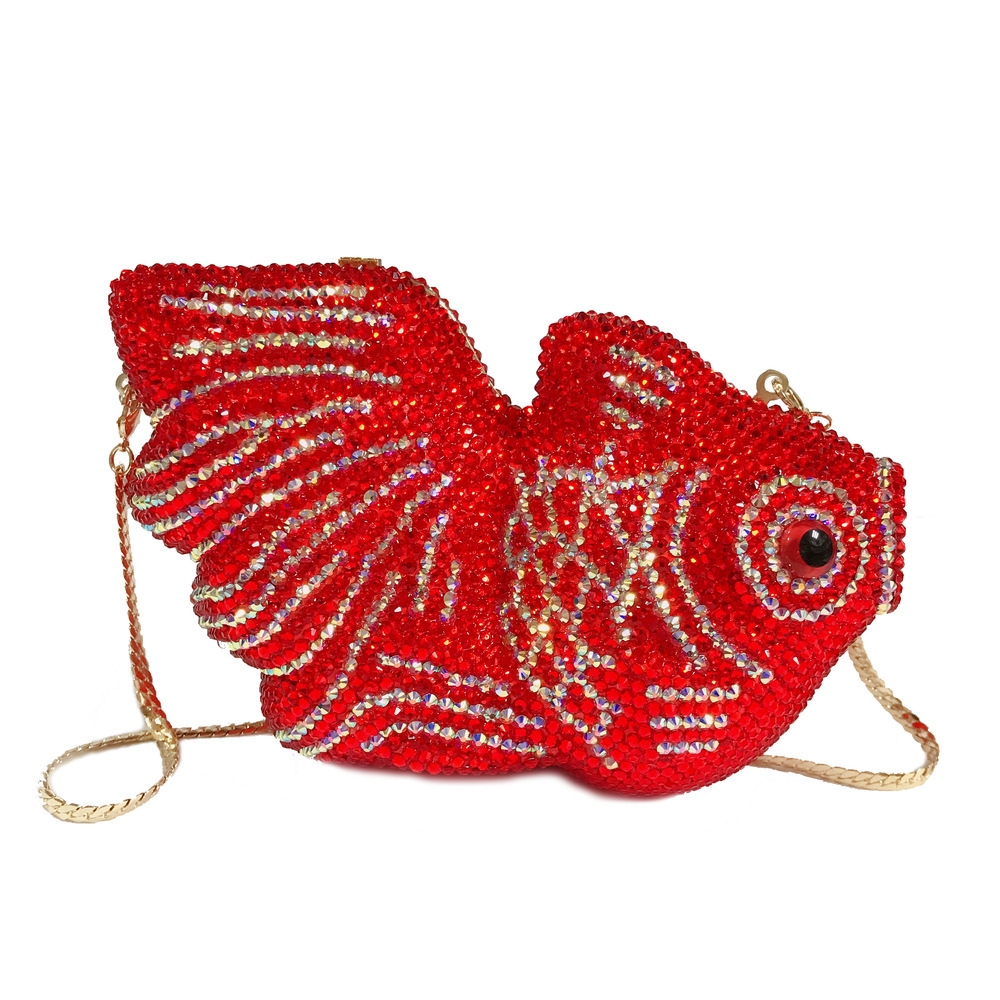Bolsa de diamante de peces dorados rojos, bolsas de diamante de dibujos animados, bolsas de cristal de diamantes hechas a mano, bolsas duras de mano para mujeres
