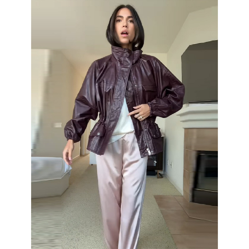 高级感复古红收腰立领口袋短款皮衣外套 2025秋季速卖通跨境爆款