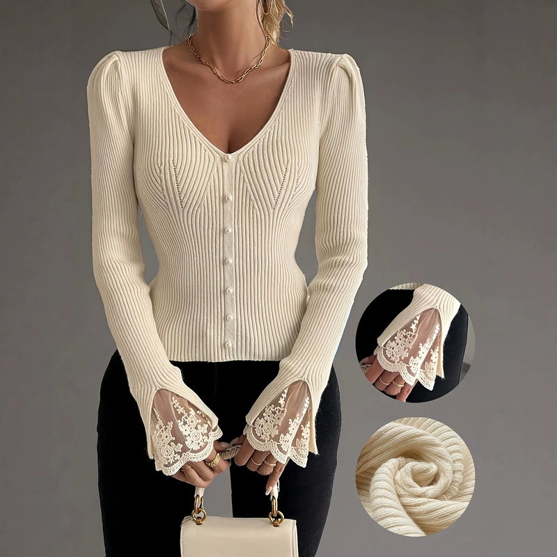 French Lace Splicing Long-Sleeved Sweater for Women, Autumn and Winter High-End Elegant Cross-Border European and American Fashion New Style French Lace Splicing Long-Sleeved Sweater for Women, Autumn and Winter High-End Elegant Cross-Border European and American Fashion New Style
