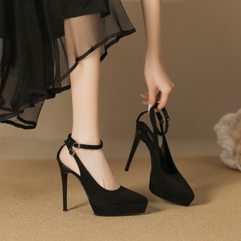Giày cao gót nữ mũi nhọn da lộn, gót 10 cm, đế chống thấm nước — Satin đen-10cm