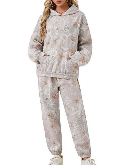 European and American Cross-Border Women's Camouflage Sports Sweatshirt Pants Maple Leaf Oversized Hoodie Casual Suit Off-Shoulder Jogging